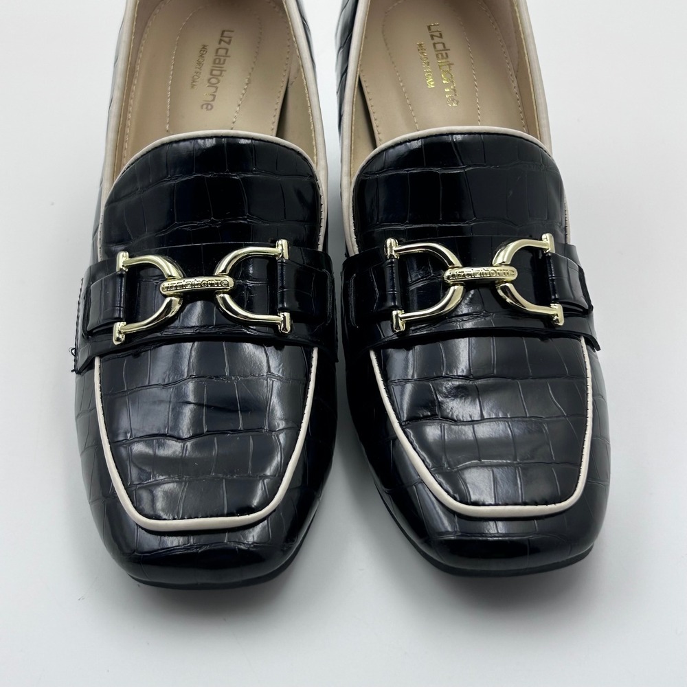 Liz Claiborne Heeled Loafers 7 Black Croc Embossed Horsebit Preppy Officecore - Picture 10 of 10